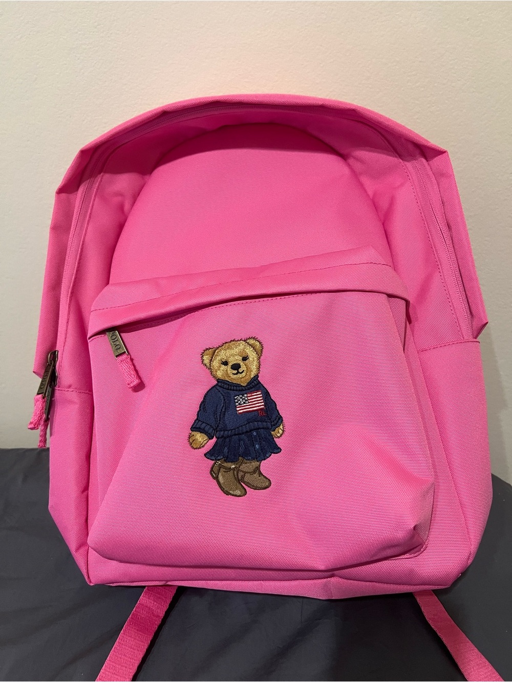 Kids Pink Bear Embroidered Backpack